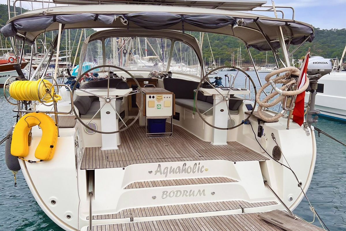 Cockpit of Aquaholic, a Bavaria Cruiser 45 sailboat at Fethiye, Turkey