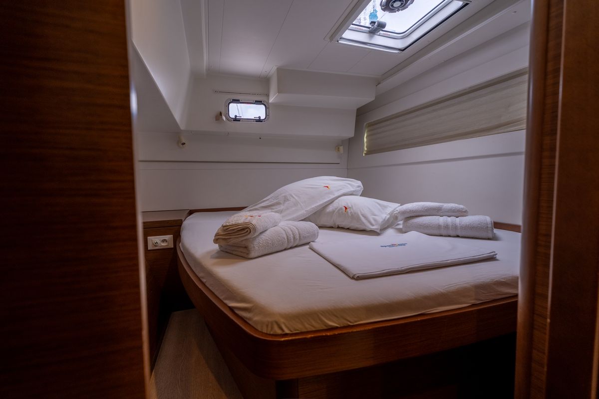 Cabin on Mascalzone Lametino, a Lagoon 40 catamaran at Salerno, Italy