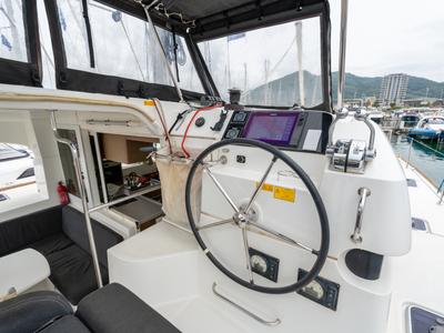 Cockpit of Mascalzone Lametino, a Lagoon 40 catamaran at Salerno, Italy