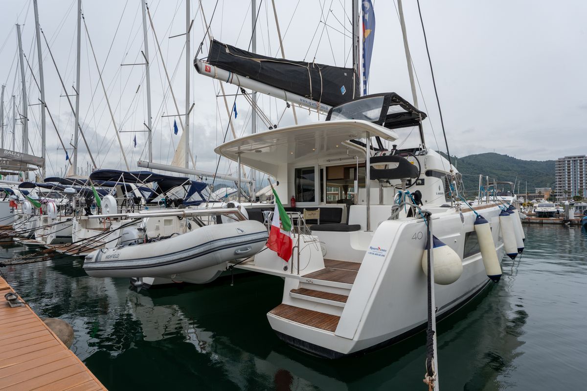 Exterior view of Mascalzone Lametino, a Lagoon 40 catamaran at Salerno, Italy