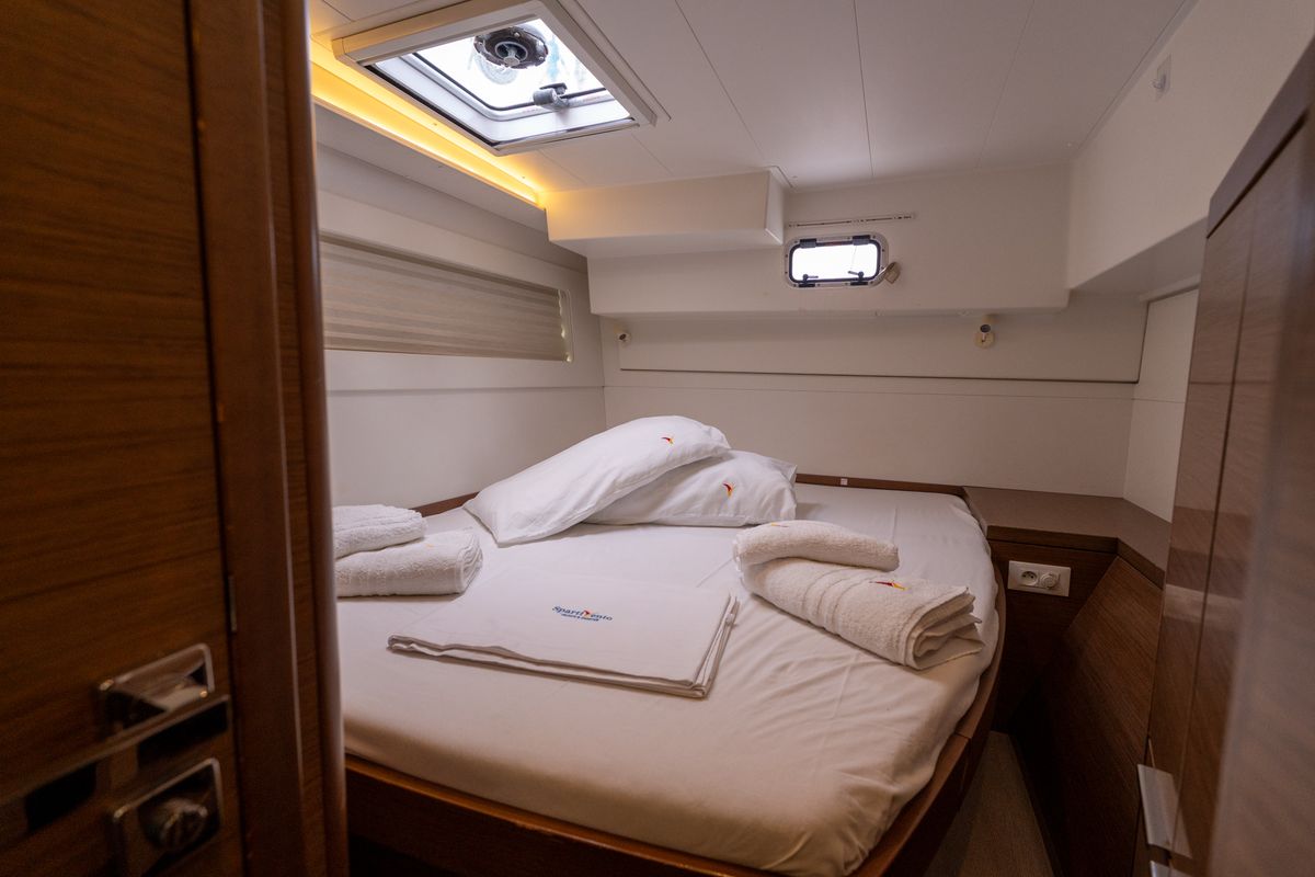 Cabin on Mascalzone Lametino, a Lagoon 40 catamaran at Salerno, Italy