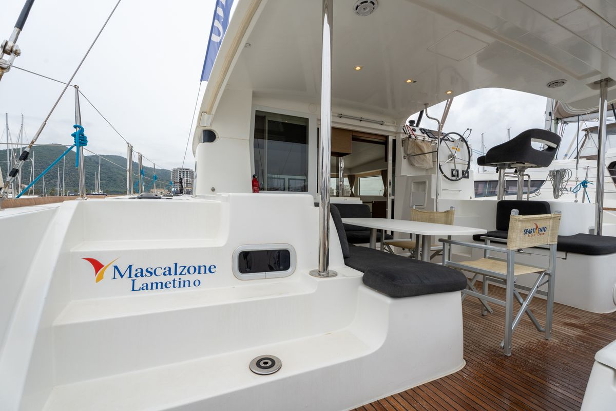 Deck of Mascalzone Lametino, a Lagoon 40 catamaran at Salerno, Italy
