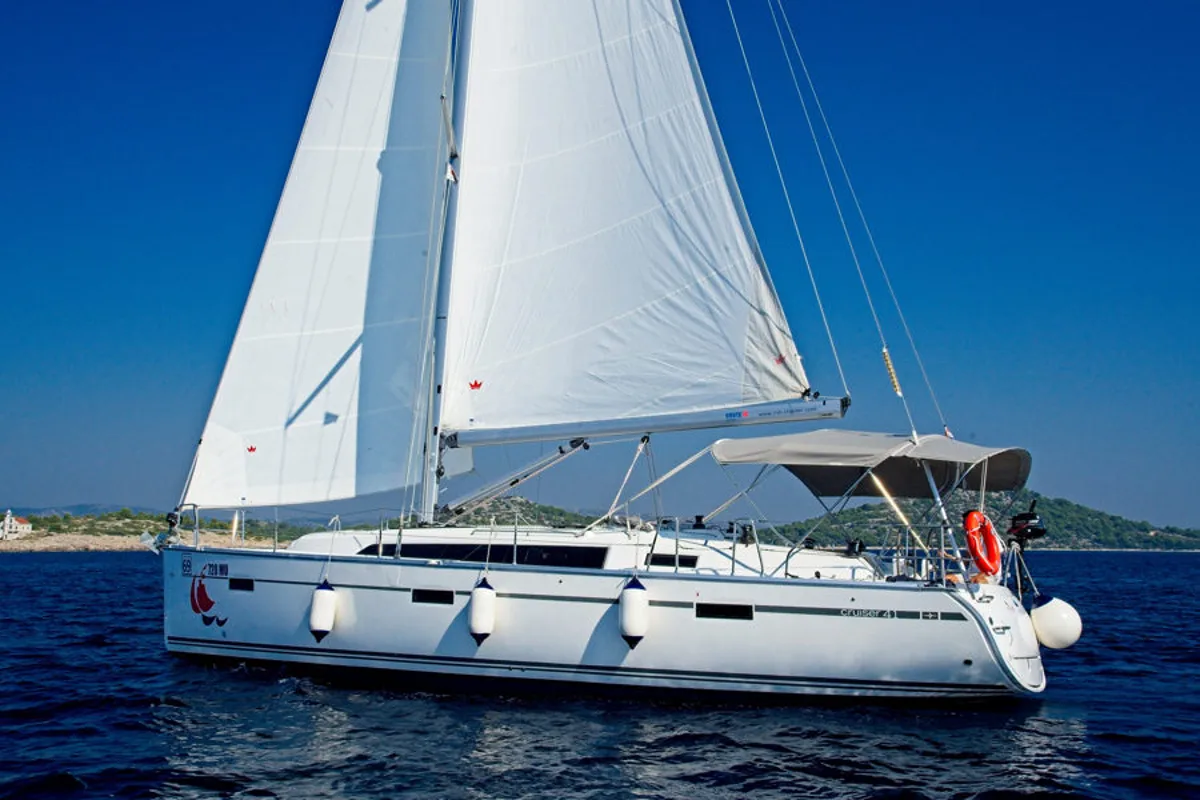 Exterior view of Mh 66, a Bavaria Cruiser 41 sailboat at Murter, Croatia