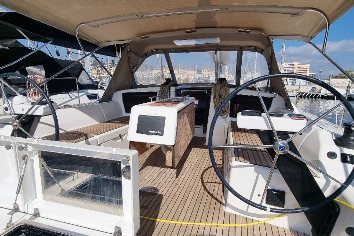 Cockpit of Lucie, a Dufour 430 sailboat at Vallauris, France