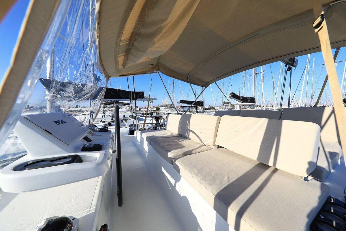 Cockpit of Ragnar, a Lagoon 50 OW catamaran at Općina Sukošan, Croatia