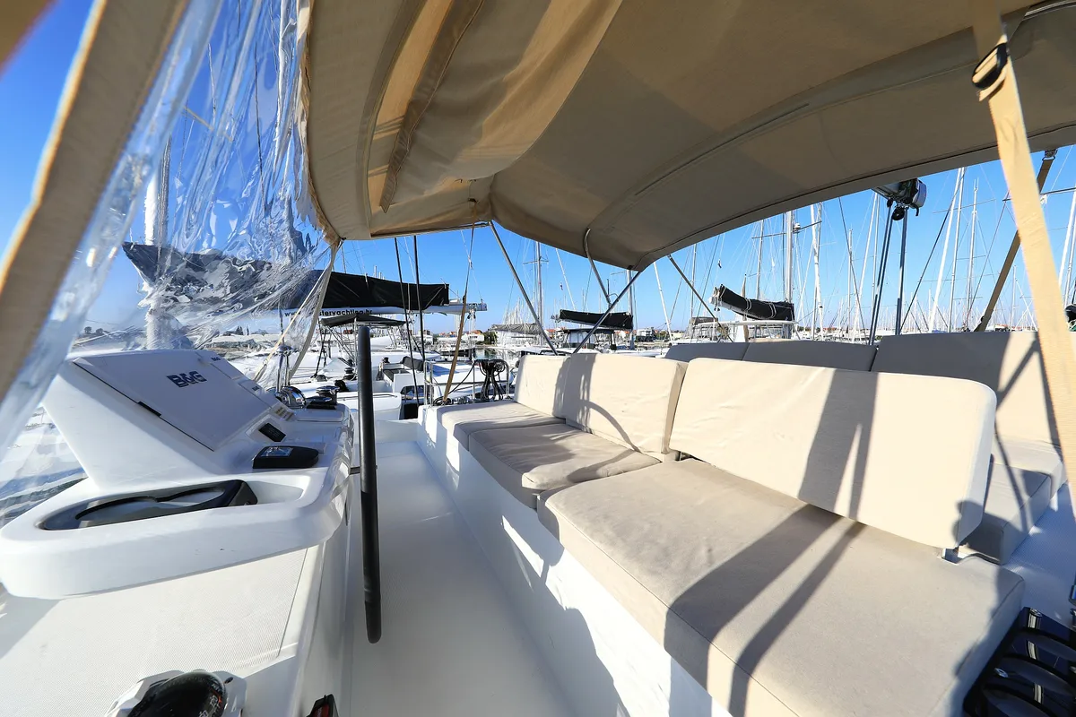 Cockpit of Ragnar, a Lagoon 50 OW catamaran at Općina Sukošan, Croatia