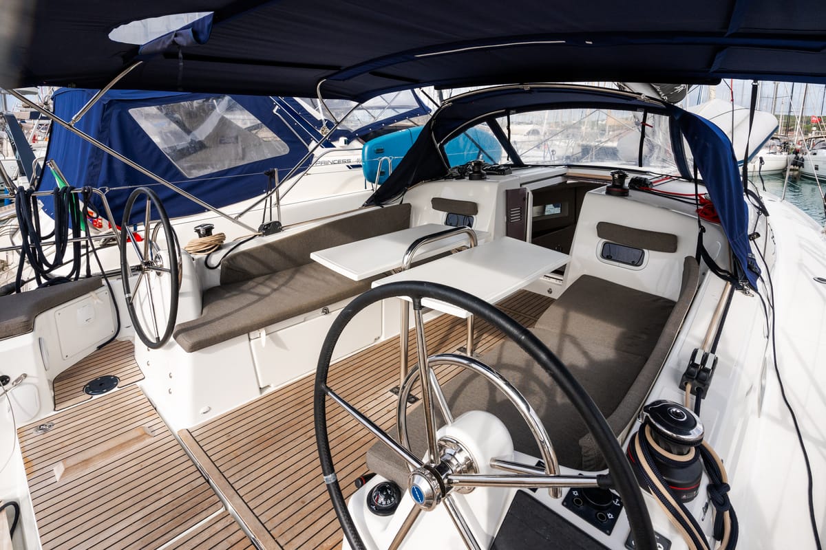 Cockpit of Phoenix, a Jeanneau Sun Odyssey 380 sailboat at Rosignano Solvay, Italy