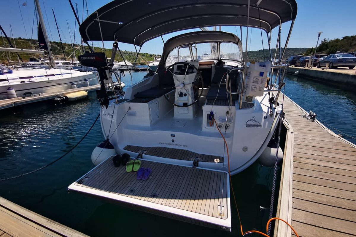 Cockpit of Sea Wolf, a Bavaria Cruiser 36 sailboat at Primošten, Croatia