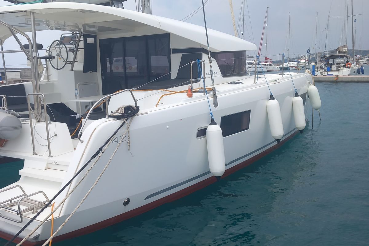 Exterior view of Neverland, a Lagoon 42 catamaran at Kos, Greece
