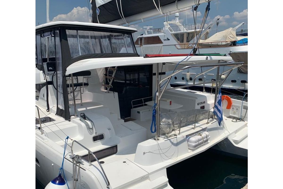 Exterior view of Neverland, a Lagoon 42 catamaran at Kos, Greece