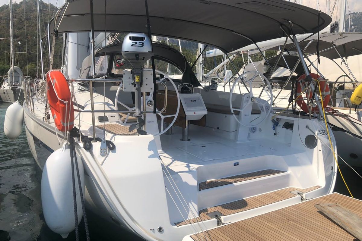 Cockpit of Topcu, a Bavaria Cruiser 46 sailboat at Fethiye, Turkey