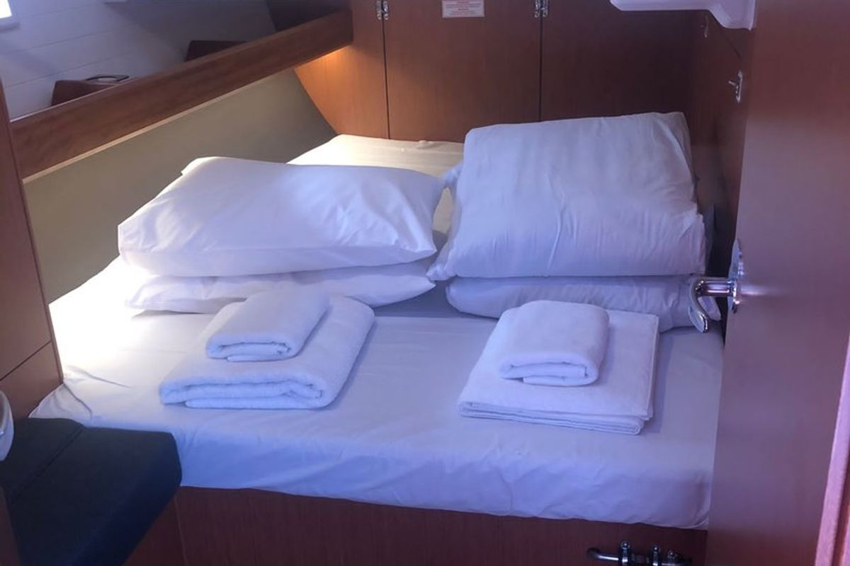 Cabin on Topcu, a Bavaria Cruiser 46 sailboat at Fethiye, Turkey