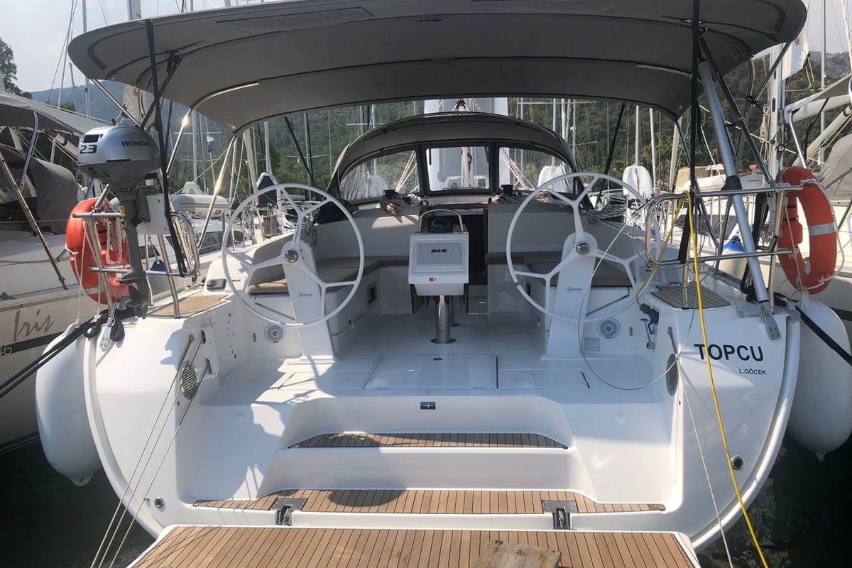Cockpit of Topcu, a Bavaria Cruiser 46 sailboat at Fethiye, Turkey
