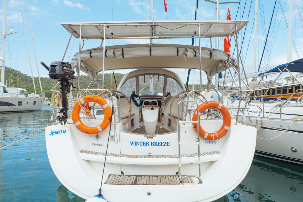 Exterior view of Classic, a Jeanneau Sun Odyssey 42 i sailboat at Fethiye, Turkey