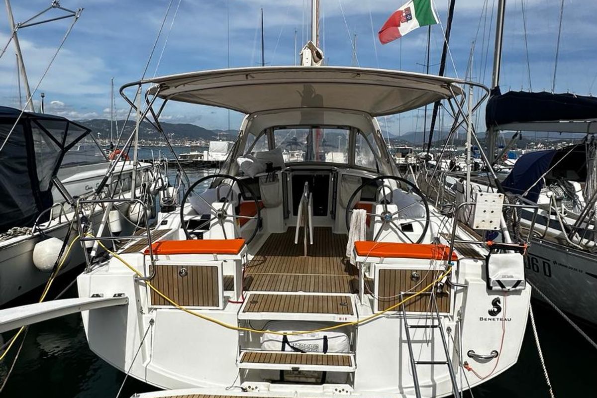 Cockpit of Lampo, a Beneteau Oceanis 38.1 sailboat at La Spezia, Italy