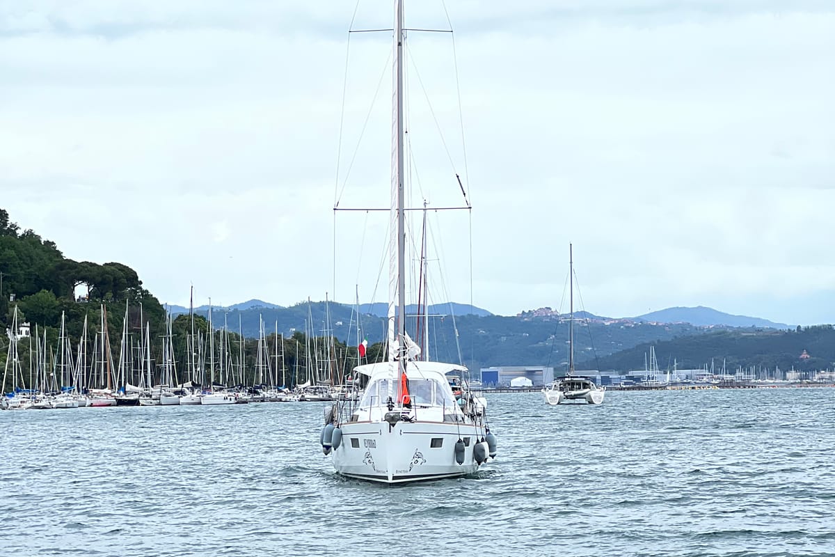 Exterior view of Lampo, a Beneteau Oceanis 38.1 sailboat at La Spezia, Italy