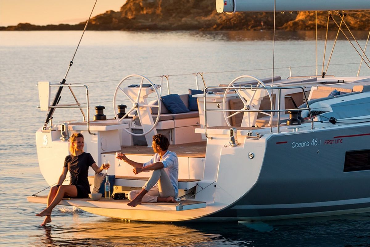 Exterior view of Larimar, a Beneteau Oceanis 46.1 sailboat at Municipal Unit of Lefkada, Greece