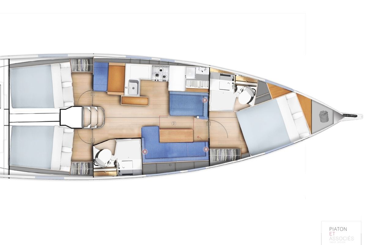 Floor plan of SAN GEORGE, a Jeanneau Sun Odyssey 410 sailboat at Municipal Unit of Nea Peramos, Greece