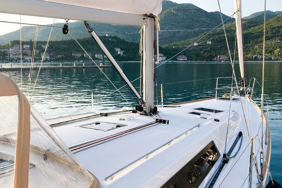 Deck of Mambo 1, a Beneteau Oceanis 45 sailboat at Tivat, Montenegro