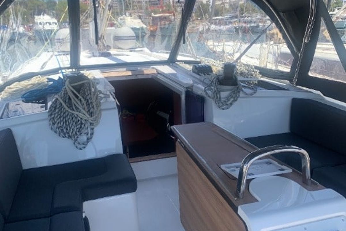 Deck of Maia, a Bavaria C42 sailboat at Athens, Greece