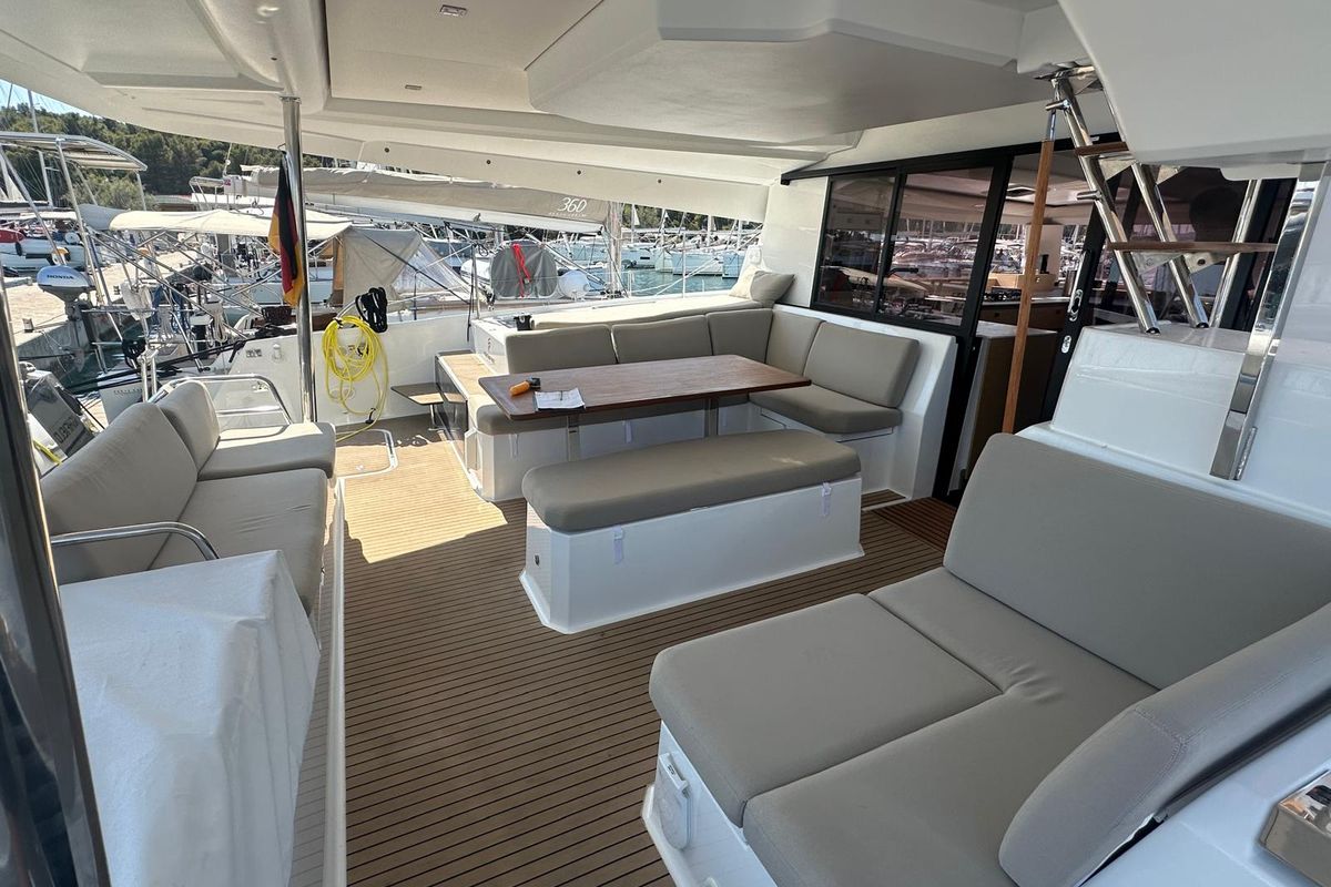 Deck of Protea, a Fountaine Pajot Elba 45 catamaran at Općina Rogoznica, Croatia