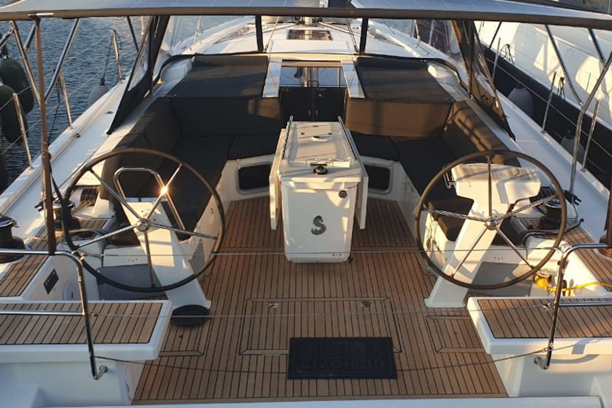 Cockpit of Nireas, a Beneteau Oceanis 51.1 sailboat at Athens, Greece