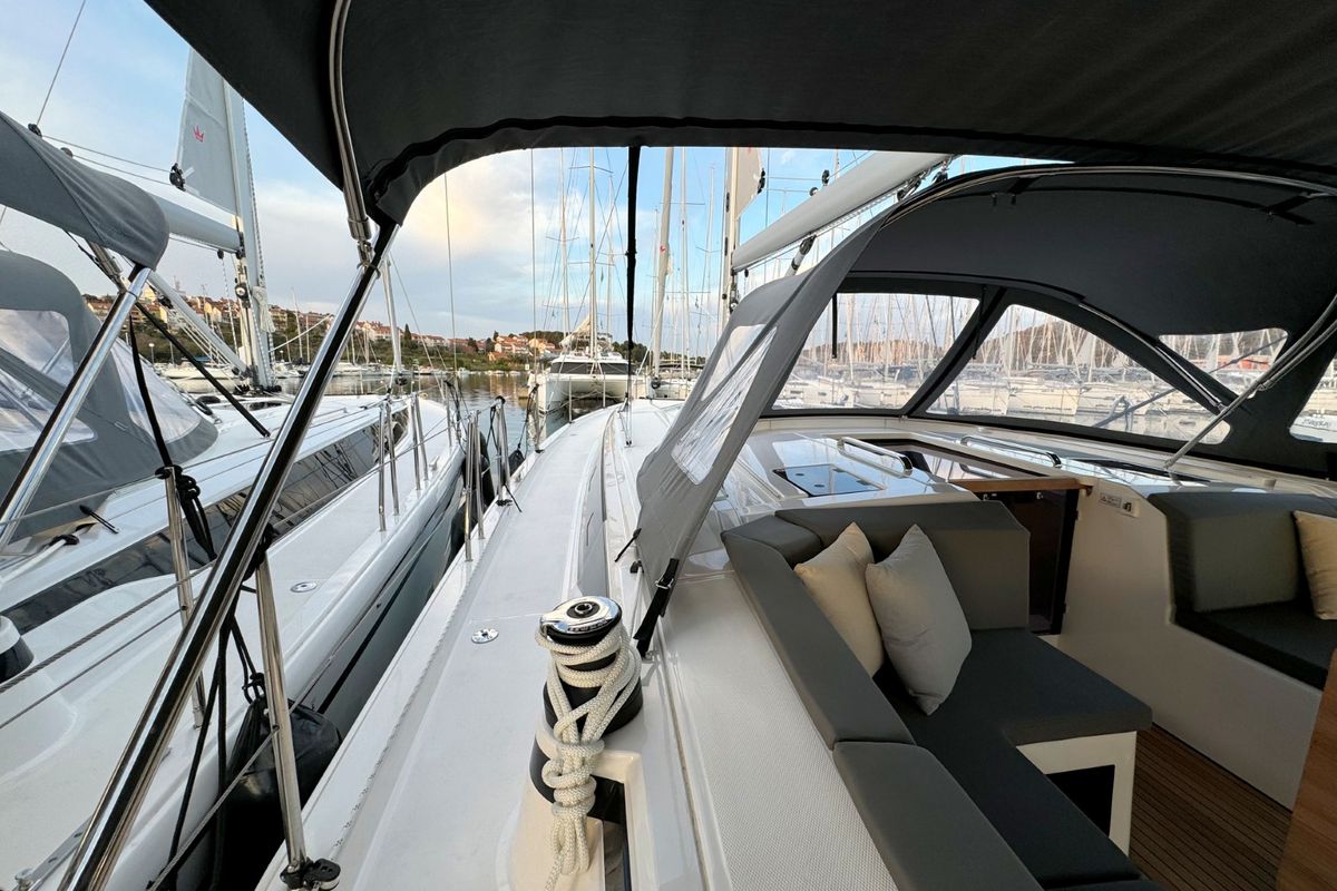 Deck of Freja, a Bavaria C46 sailboat at Grad Pula, Croatia
