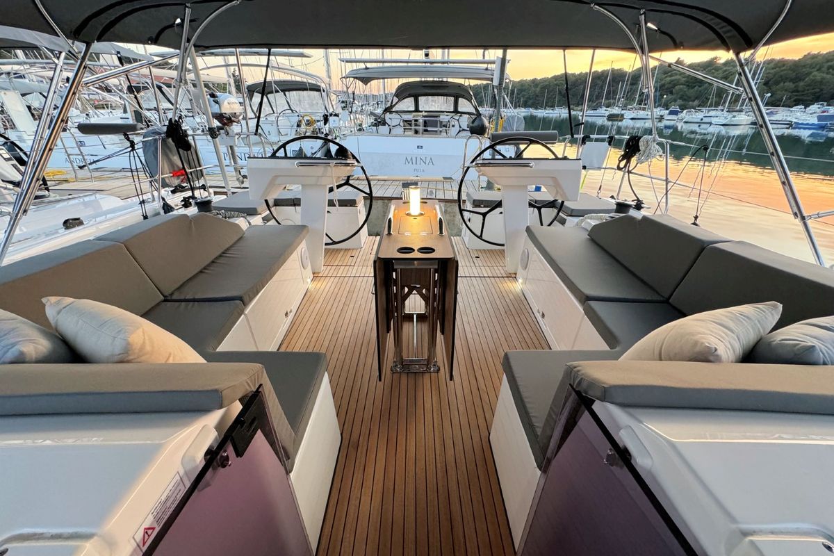 Deck of Freja, a Bavaria C46 sailboat at Grad Pula, Croatia