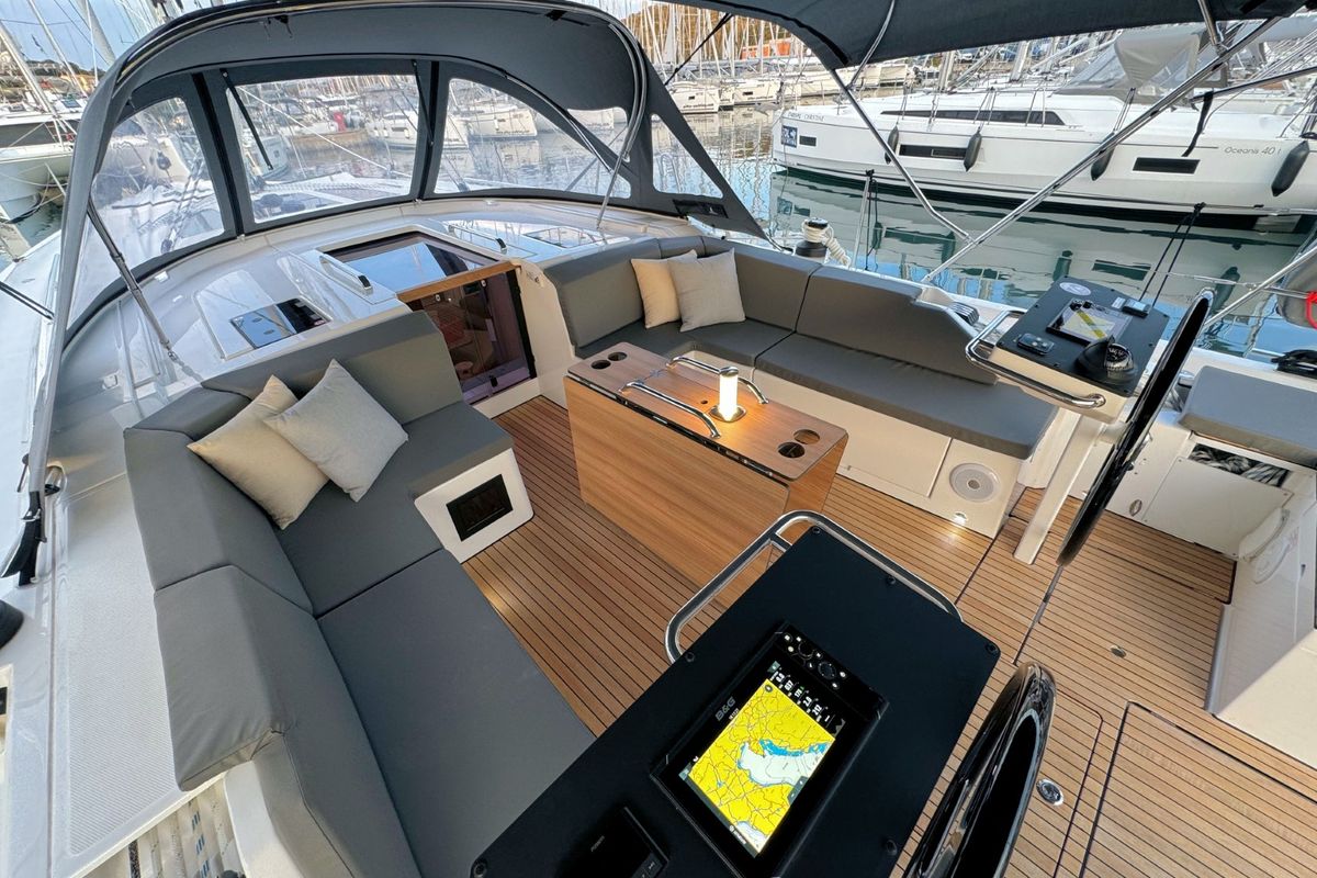 Deck of Freja, a Bavaria C46 sailboat at Grad Pula, Croatia