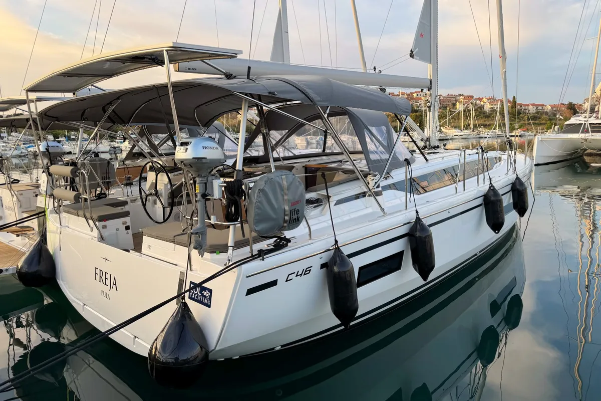 Exterior view of Freja, a Bavaria C46 sailboat at Grad Pula, Croatia