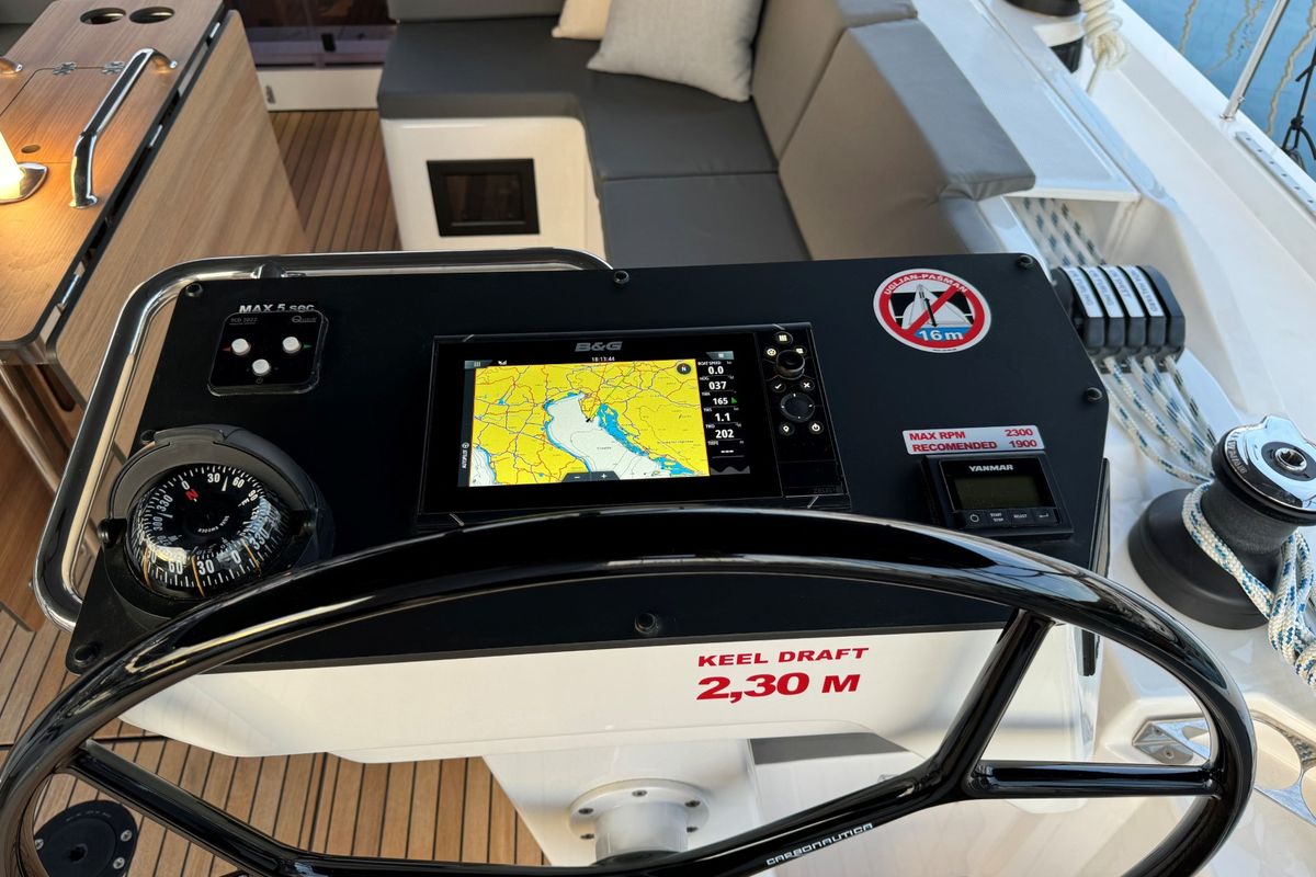 Cockpit of Freja, a Bavaria C46 sailboat at Grad Pula, Croatia