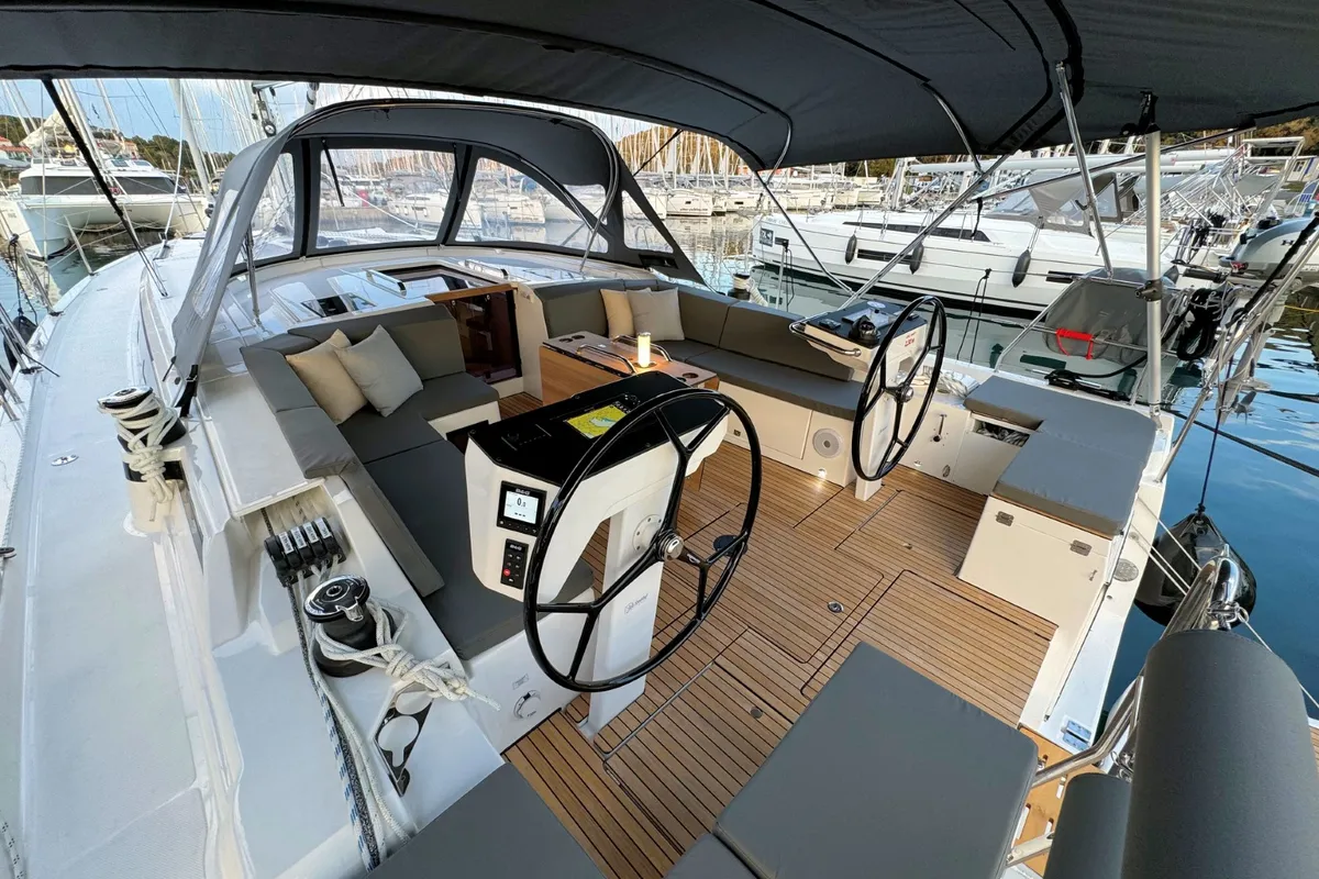Deck of Freja, a Bavaria C46 sailboat at Grad Pula, Croatia