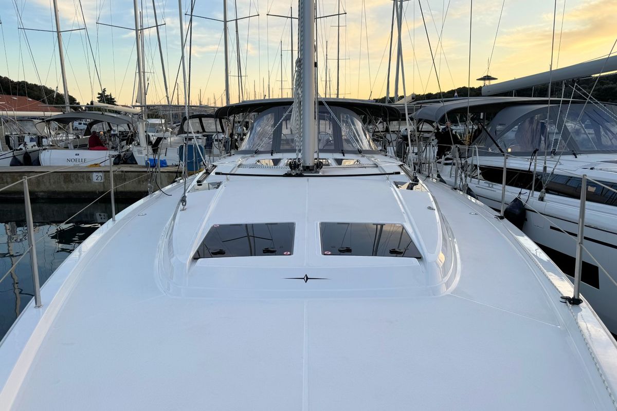 Deck of Freja, a Bavaria C46 sailboat at Grad Pula, Croatia