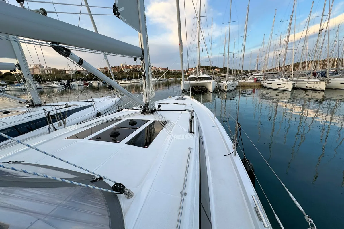 Deck of Freja, a Bavaria C46 sailboat at Grad Pula, Croatia