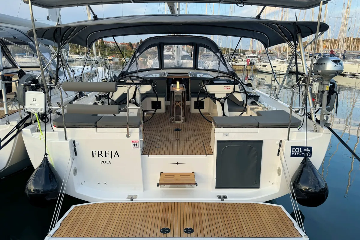 Exterior view of Freja, a Bavaria C46 sailboat at Grad Pula, Croatia