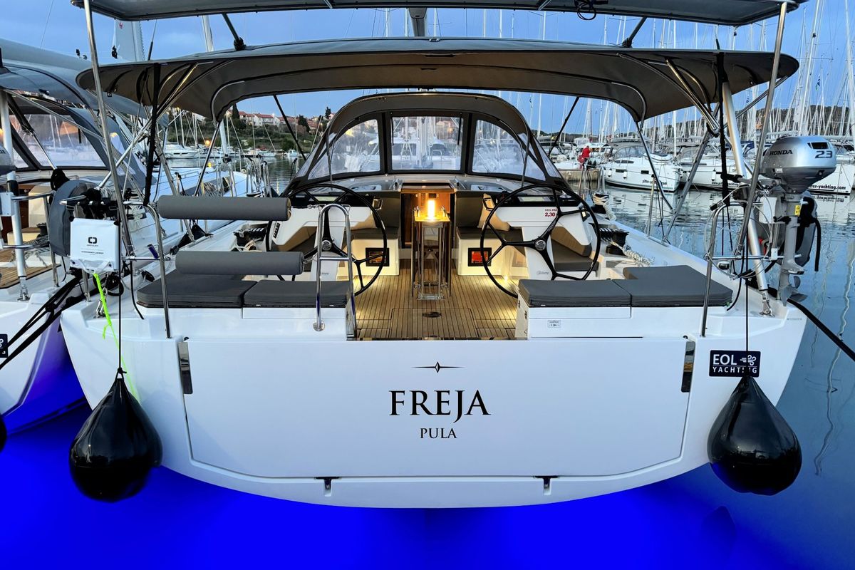 Exterior view of Freja, a Bavaria C46 sailboat at Grad Pula, Croatia