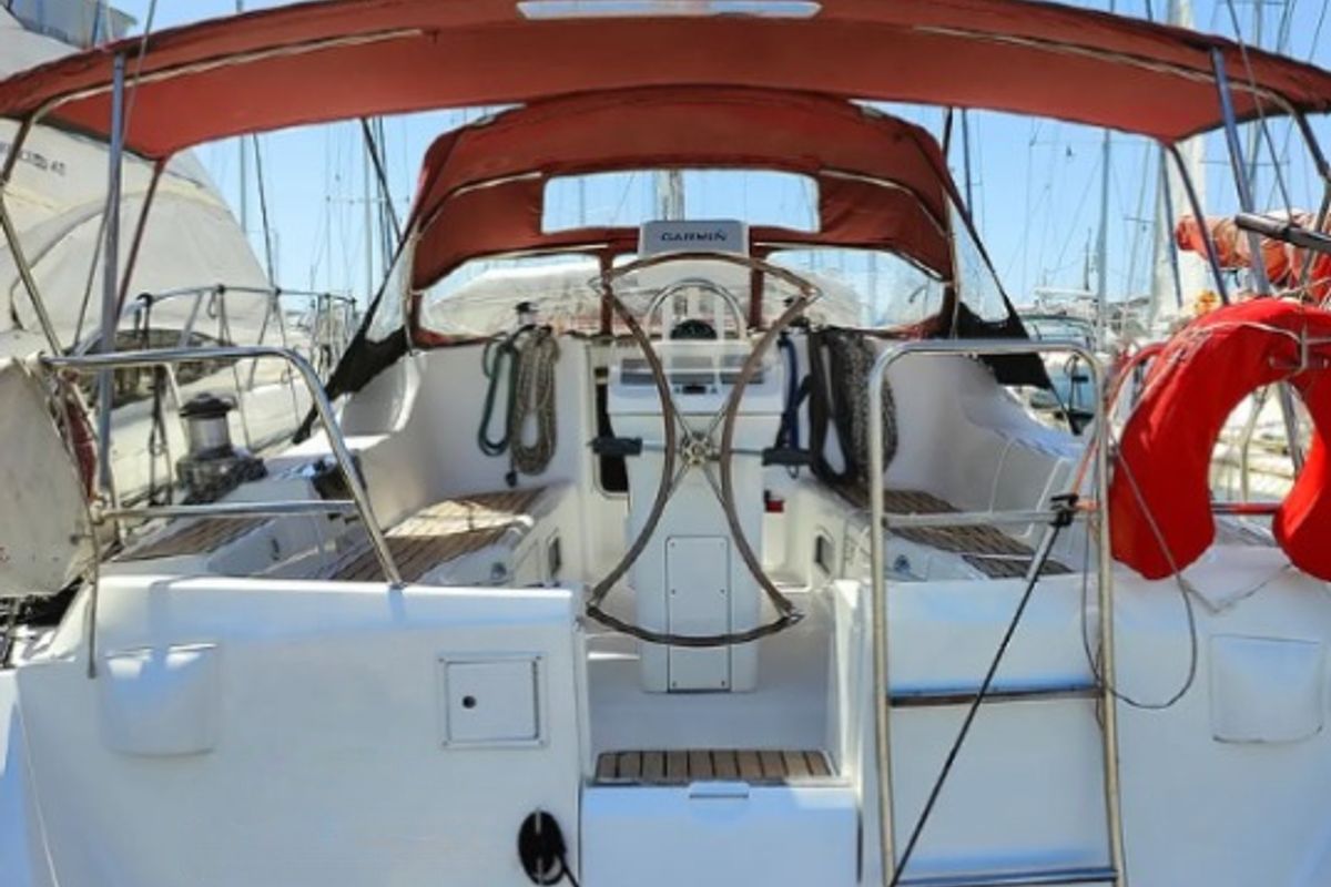 Cockpit of Crete, a Beneteau Oceanis Clipper 393 sailboat at Athens, Marina Delta Kallithea, Greece