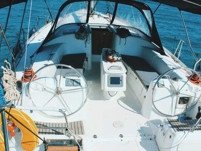 Cockpit of Estera, a Beneteau Cyclades 43.4 sailboat at Marina Delta Kallithea, Greece