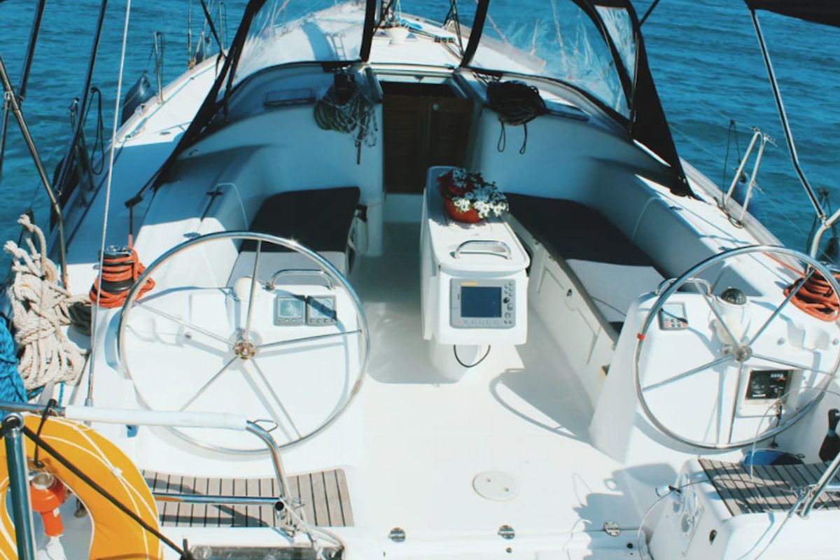 Cockpit of Estera, a Beneteau Cyclades 43.4 sailboat at Marina Delta Kallithea, Greece