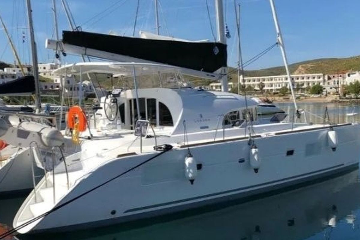 Exterior view of Butterfly, a Lagoon 380 catamaran at Parikia, Greece
