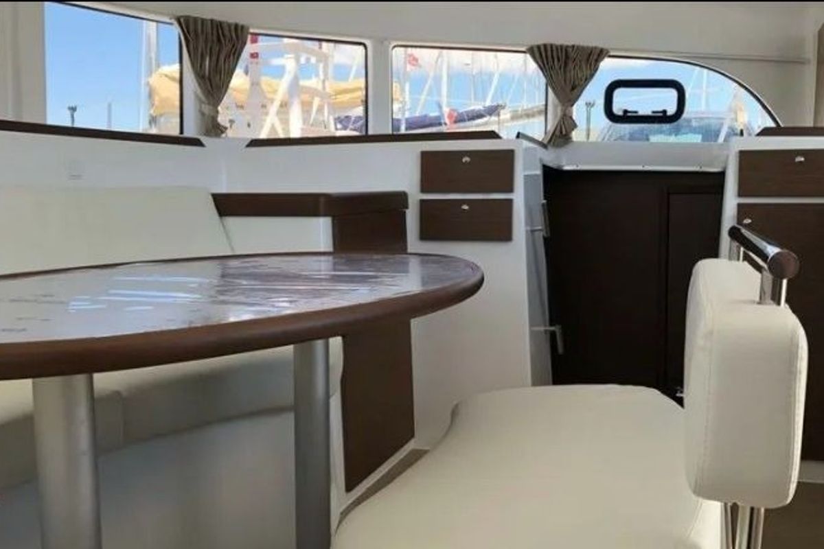 Salon of Butterfly, a Lagoon 380 catamaran at Parikia, Greece