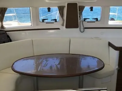 Salon of Butterfly, a Lagoon 380 catamaran at Parikia, Greece