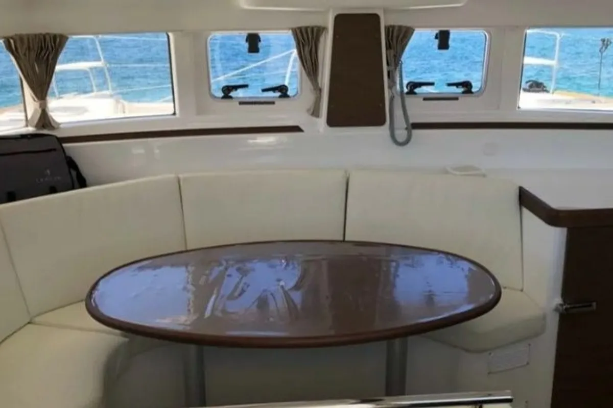 Salon of Butterfly, a Lagoon 380 catamaran at Parikia, Greece