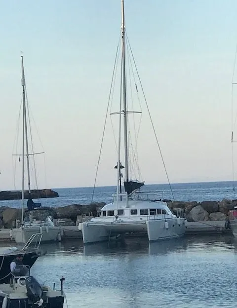 Exterior view of Butterfly, a Lagoon 380 catamaran at Parikia, Greece