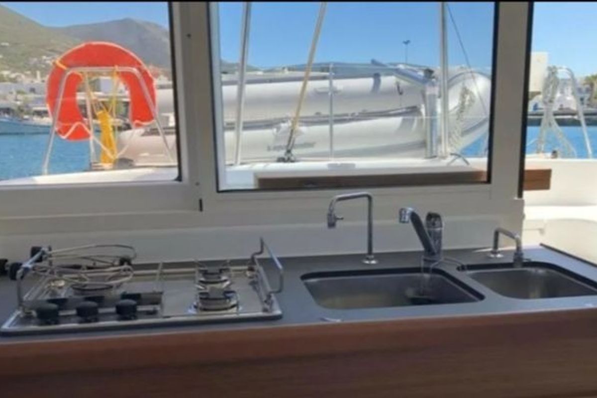Galley of Butterfly, a Lagoon 380 catamaran at Parikia, Greece