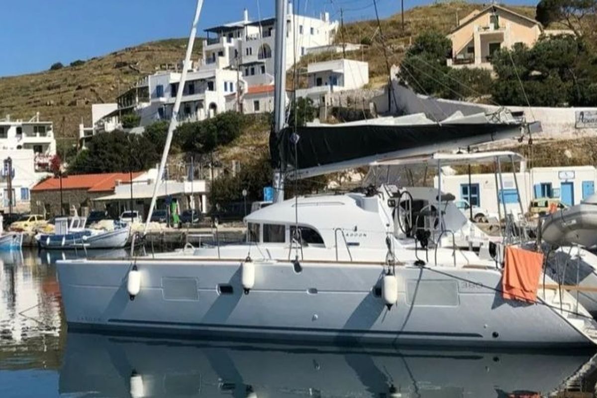 Exterior view of Butterfly, a Lagoon 380 catamaran at Parikia, Greece