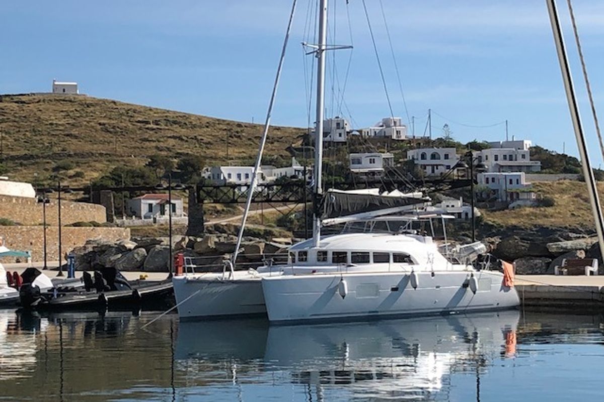 Exterior view of Butterfly, a Lagoon 380 catamaran at Parikia, Greece