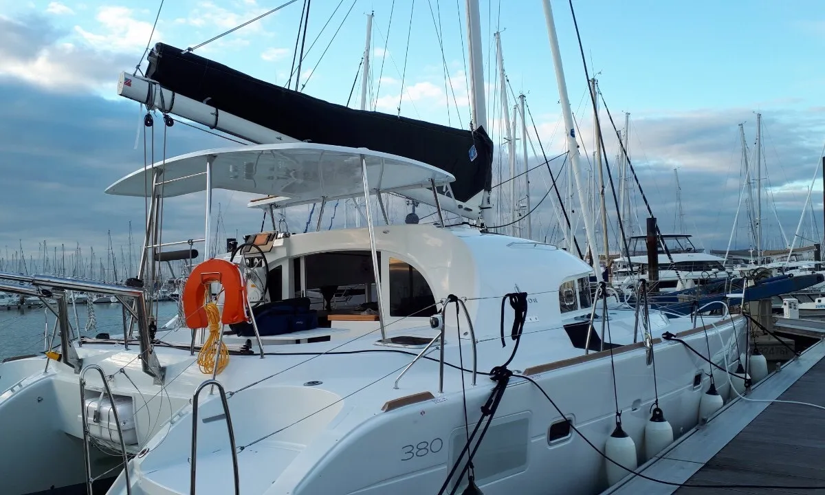 Exterior view of Butterfly, a Lagoon 380 catamaran at Parikia, Greece