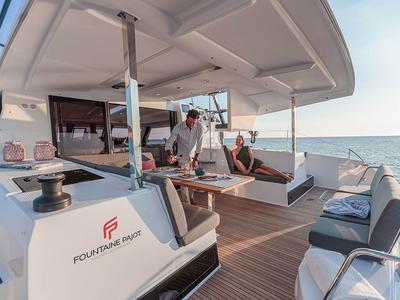 Deck of Monkey Puppy, a Fountaine Pajot Isla 40 catamaran at Athens, Greece