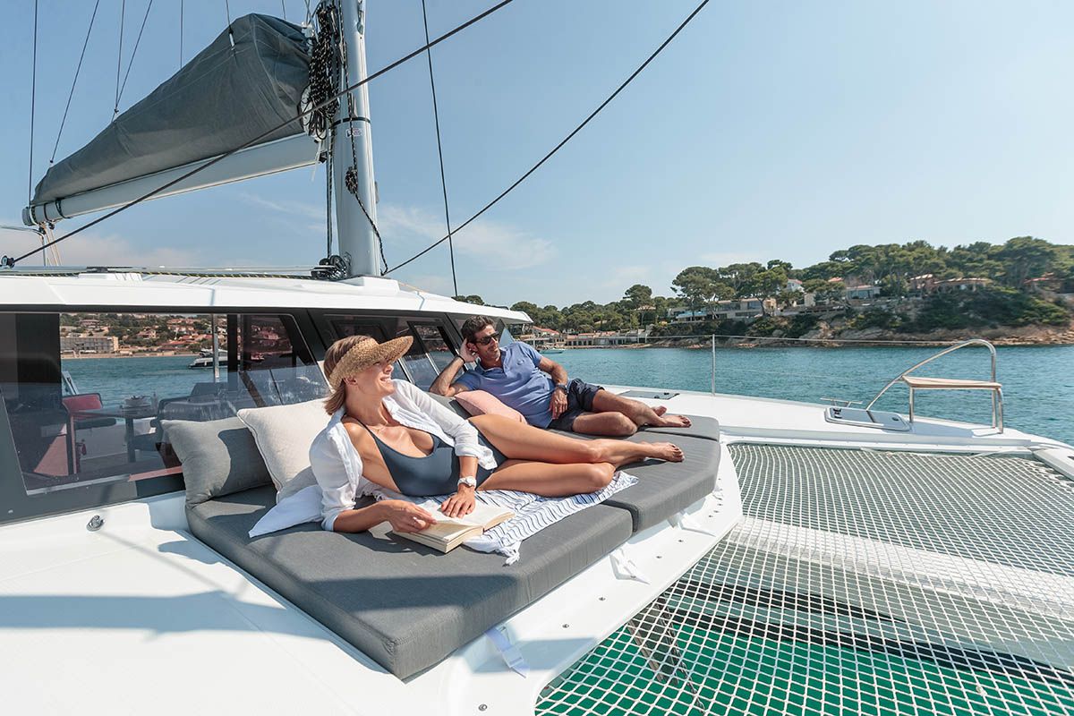 Deck of Monkey Puppy, a Fountaine Pajot Isla 40 catamaran at Athens, Greece